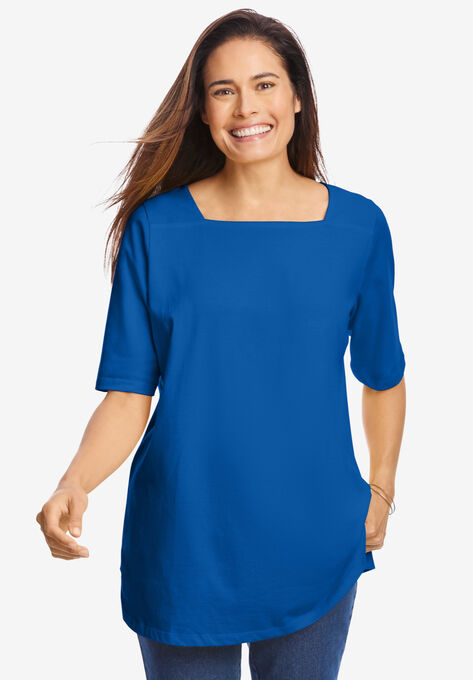 Perfect Elbow-Sleeve Square-Neck Tee, BRIGHT COBALT, hi-res image number null