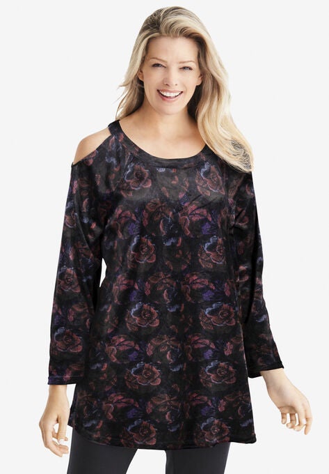 Velour Cold Shoulder Tunic, BLACK MULTI NOIR FLORAL, hi-res image number null