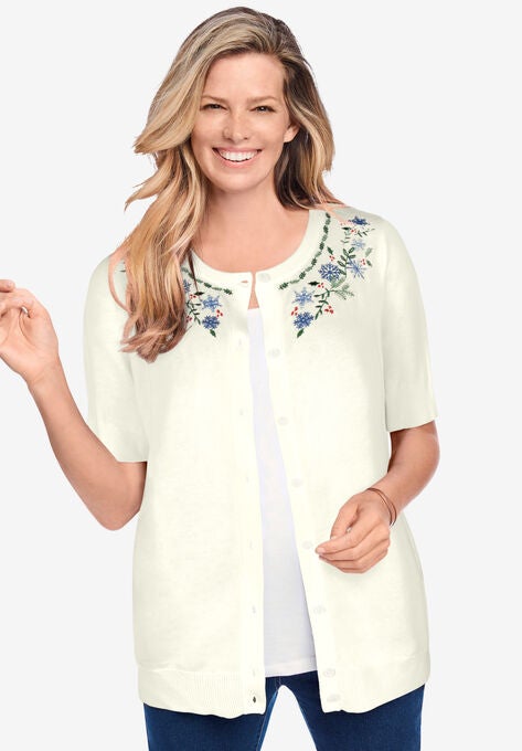 Perfect Elbow-Length Sleeve Cardigan, IVORY SNOWFLAKE EMBROIDERY, hi-res image number null