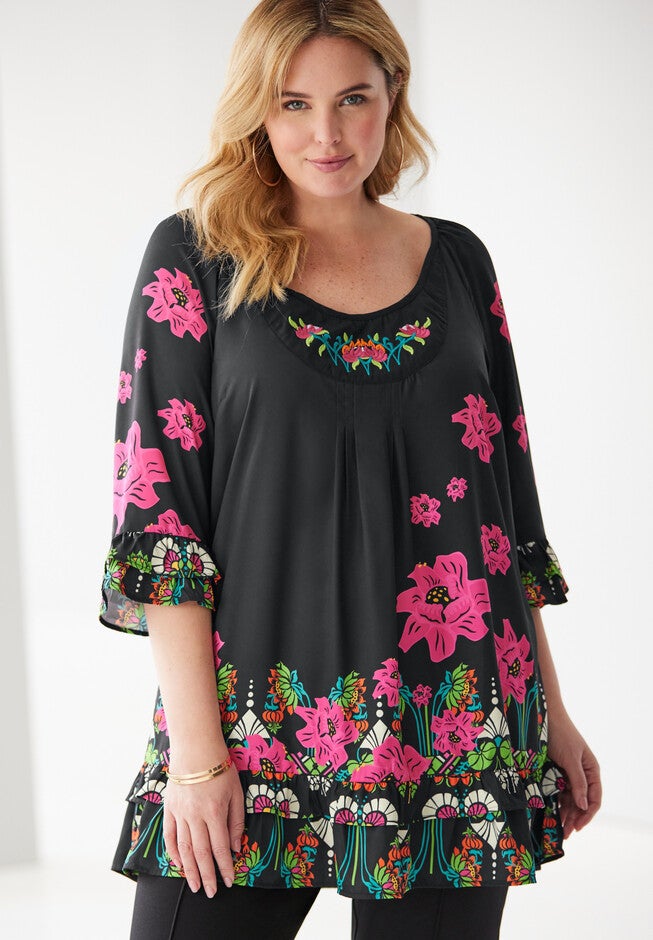 Ruffle Three Quarter Sleeve Tunic, BLACK MULTI FLOWER EMBROIDERY, hi-res image number 0