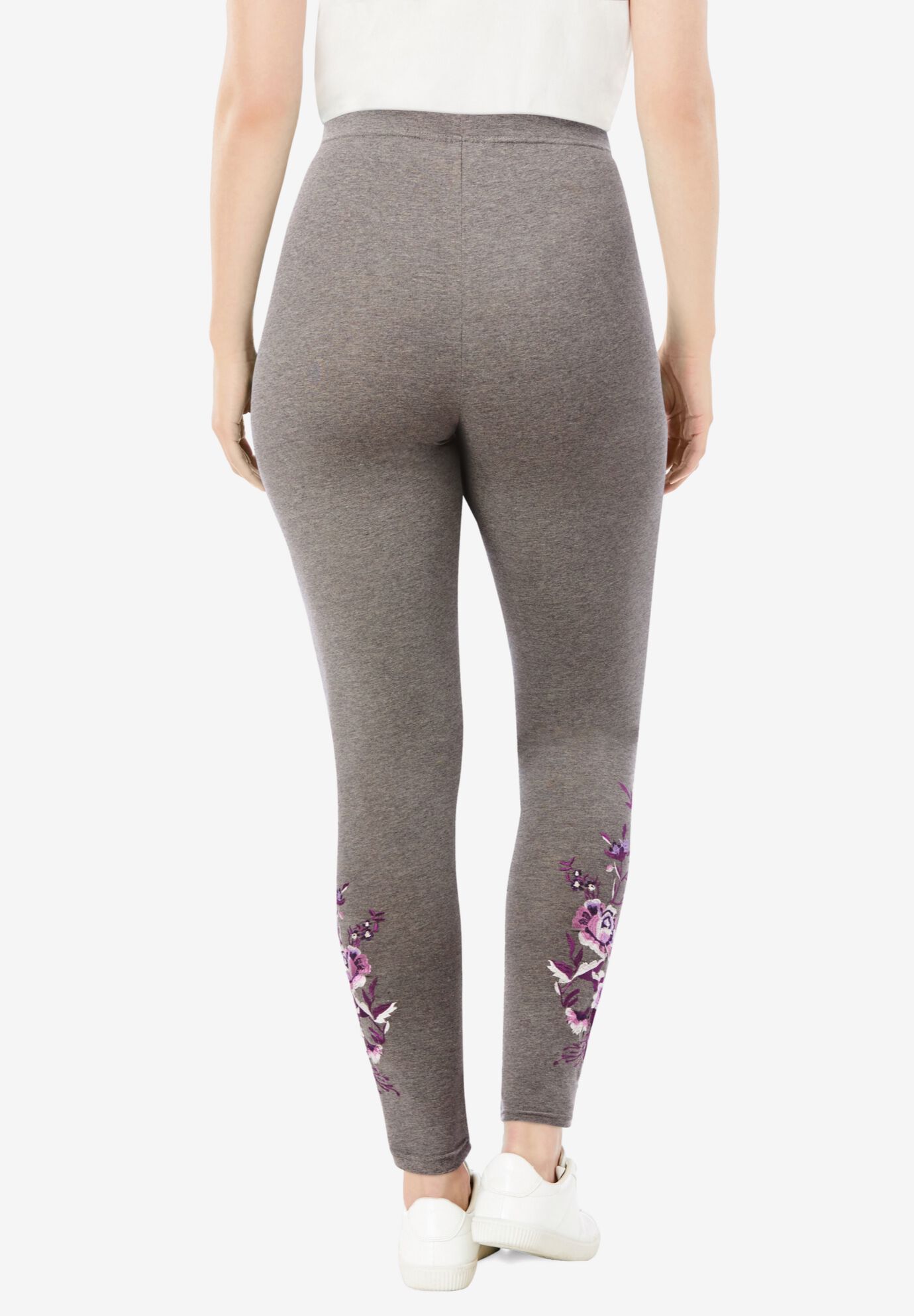 Stretch-Cotton Knit Pull-On Embroidered Leggings, MEDIUM HEATHER GREY FLORAL EMBROIDERY, alternate image number 2
