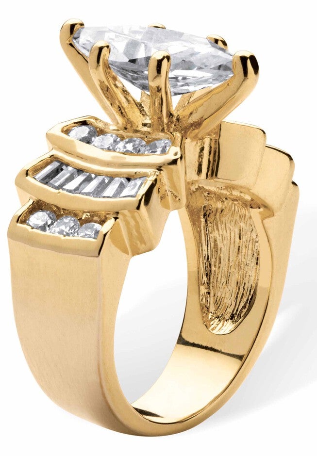 Gold-Plated Marquise Cut Step Top Engagement Ring Cubic Zirconia, , on-hover image number 1