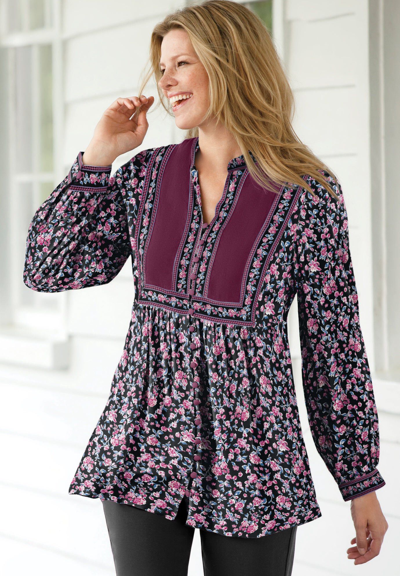 Button-Front Mixed Print Tunic, BLACK ROSE GARDEN, hi-res image number 0