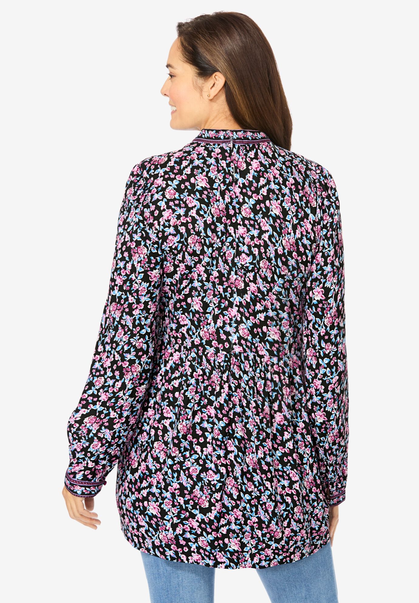Button-Front Mixed Print Tunic, BLACK ROSE GARDEN, on-hover image number 1