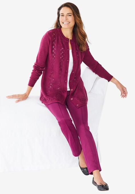 Long-Sleeve Pointelle Cardigan, RASPBERRY, hi-res image number null