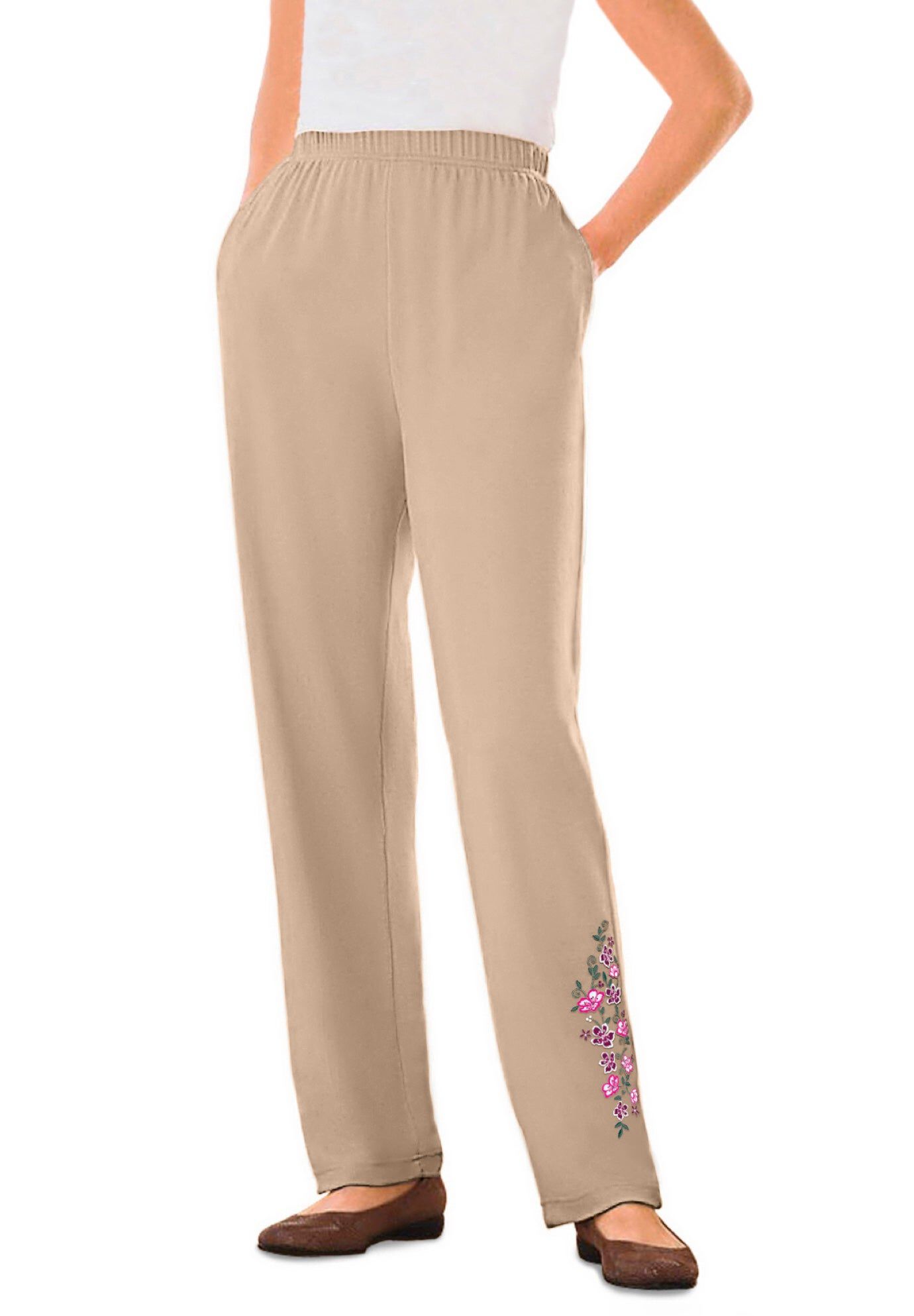 7-Day Knit Embroidered Straight-Leg Pull-On Pants