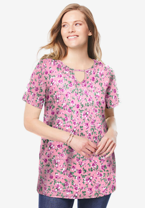 Perfect Printed Short-Sleeve Keyhole Tee, PINK BLOSSOM VINE, hi-res image number null