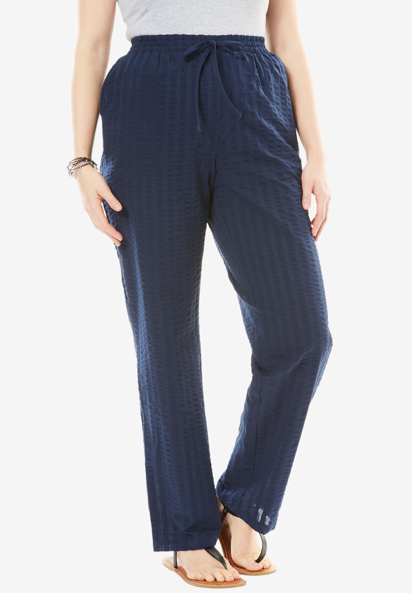Seersucker Pull-on Elastic-Waist Pants, NAVY, hi-res image number 0
