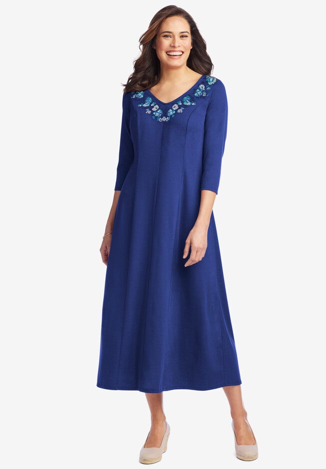 Rose Embroidered V-Neck Dress, EVENING BLUE ROSE EMBROIDERY, hi-res image number 0