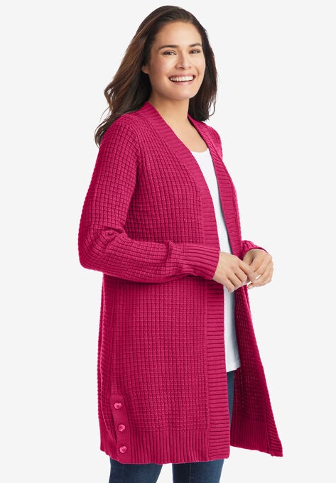 Button Hem Cardigan, BRIGHT CHERRY, hi-res image number null