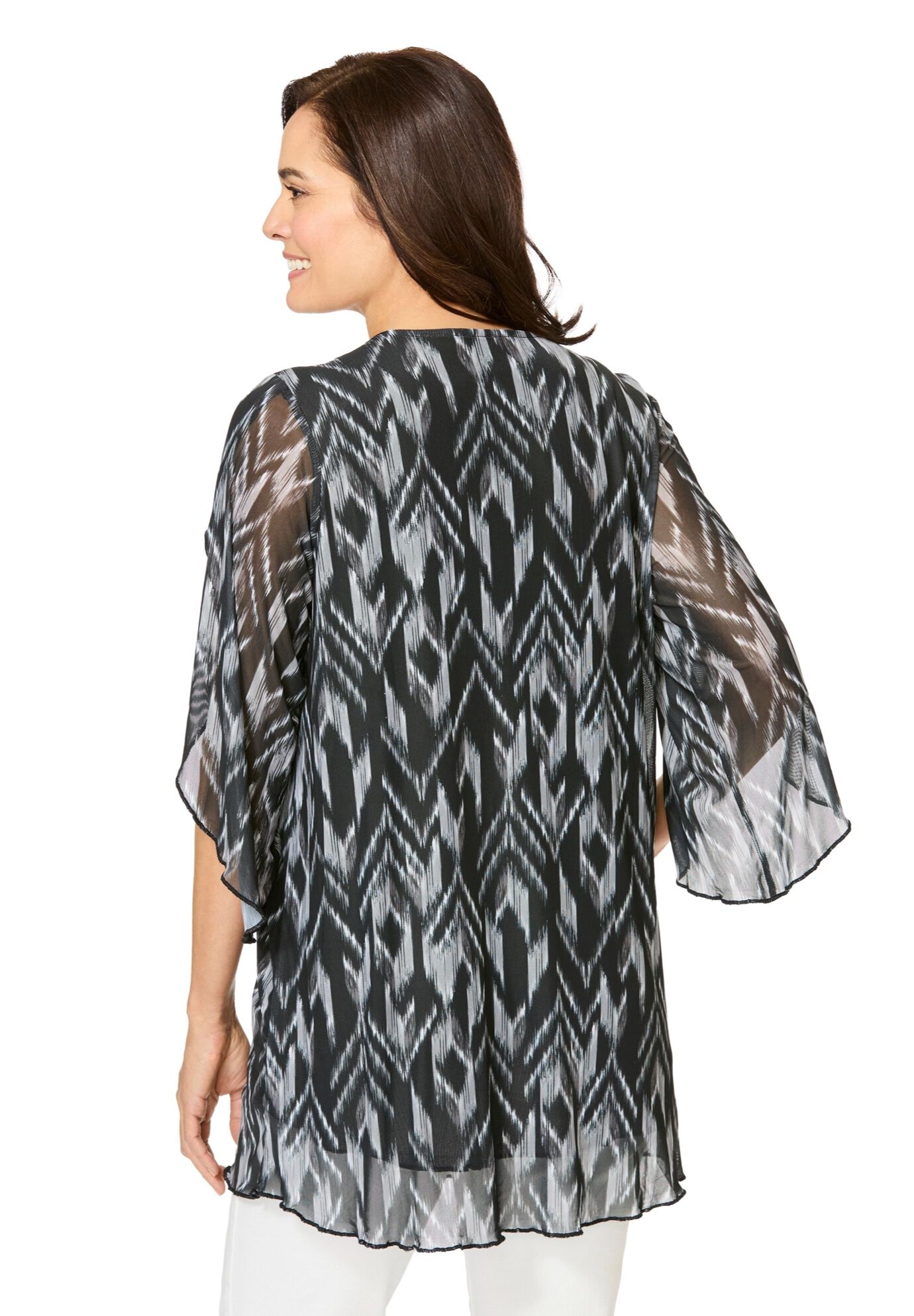 Miracle Mesh Tulip Three-Quarter Sleeve Tunic, BLACK WHITE IKAT, on-hover image number 1