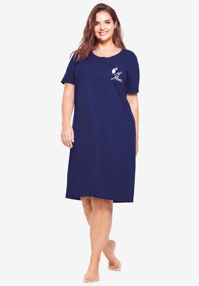 Cotton Sleepshirt , EVENING BLUE CAT MOM, hi-res image number 0