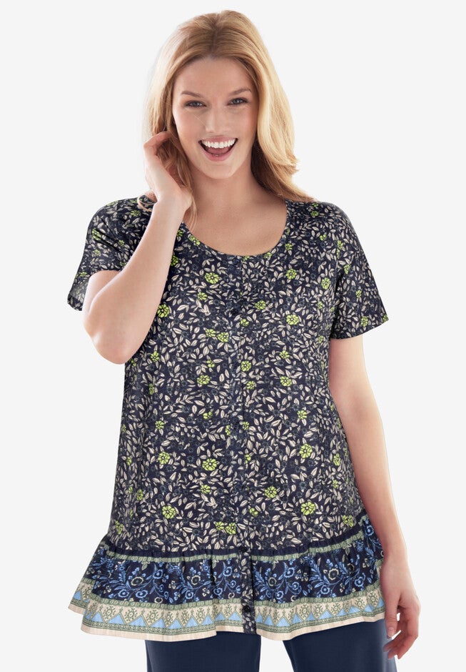 U-Neck Button Front Tee, NAVY DITSY BORDER, hi-res image number 0