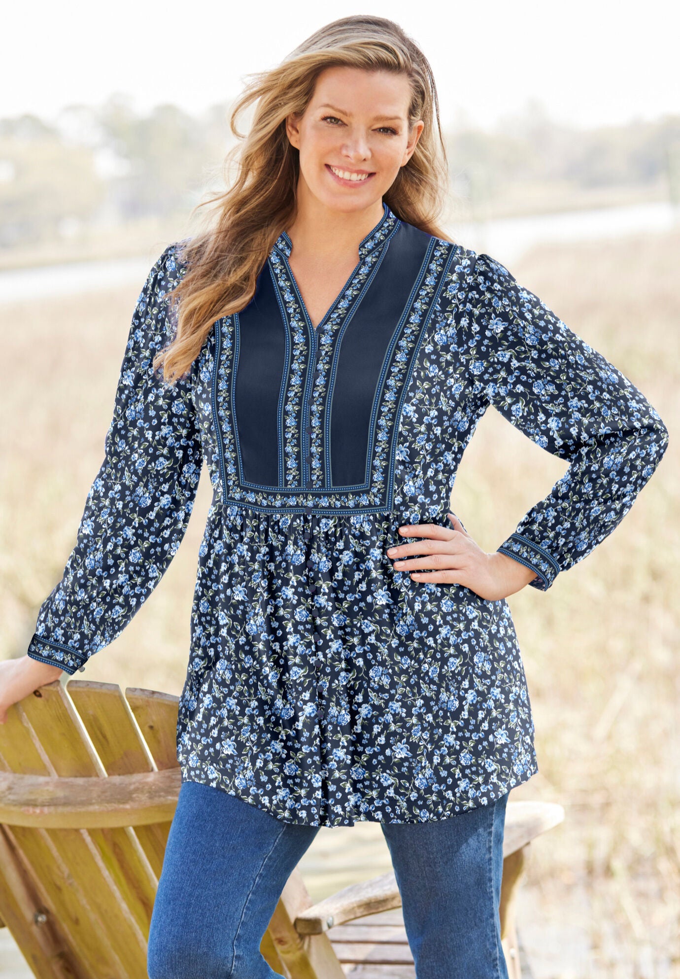 Button-Front Mixed Print Tunic, , alternate image number 5