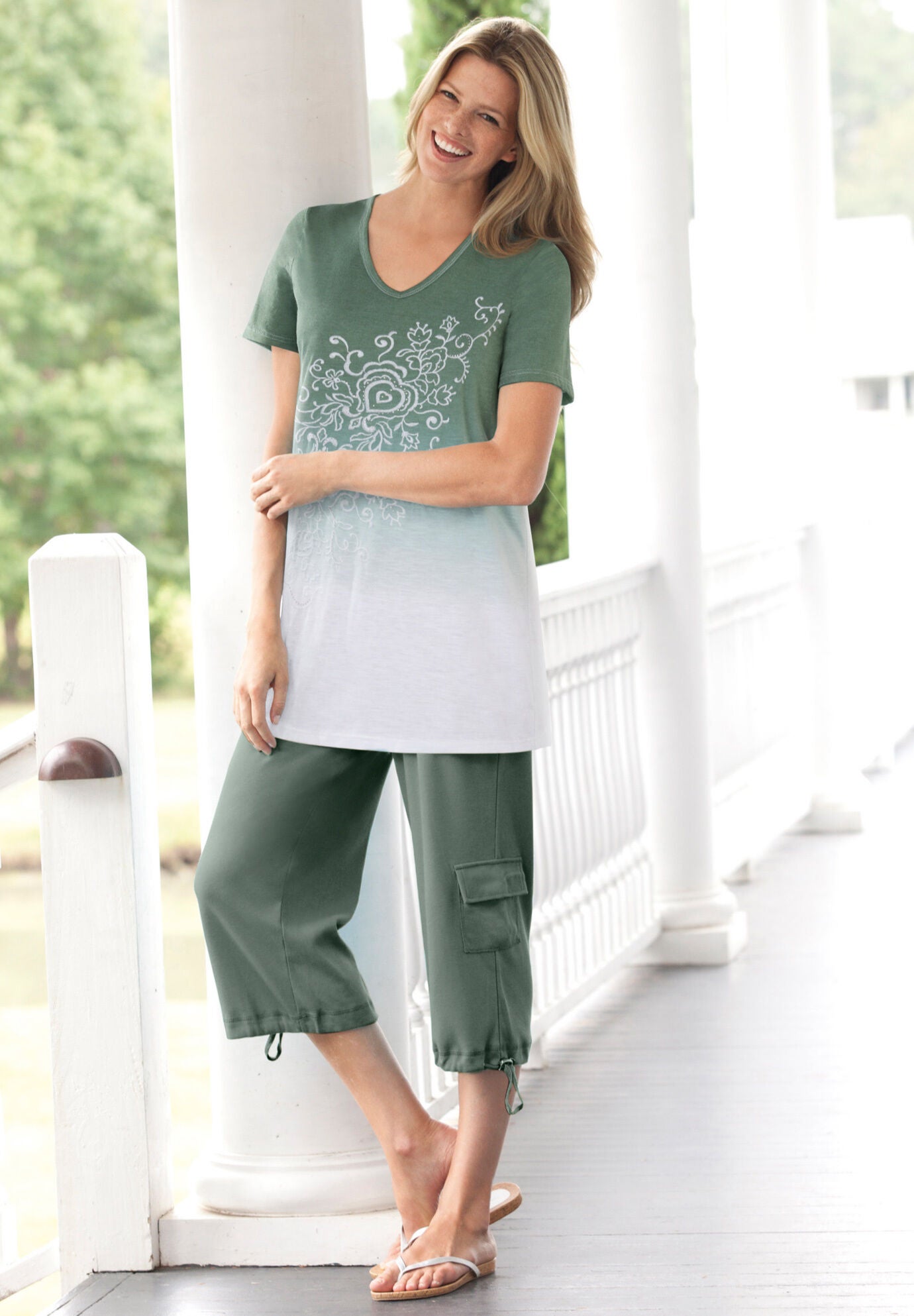 Short-Sleeve V-Neck Embroidered Dip Dye Tunic, , alternate image number 5