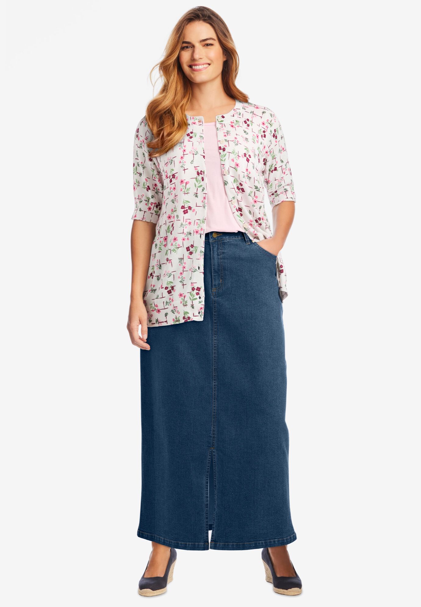 Stretch Denim Front-Slit Skirt, , alternate image number 3