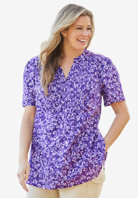 Pintucked Half-Button Tunic, RADIANT PURPLE BLOOM FLORAL, hi-res image number null