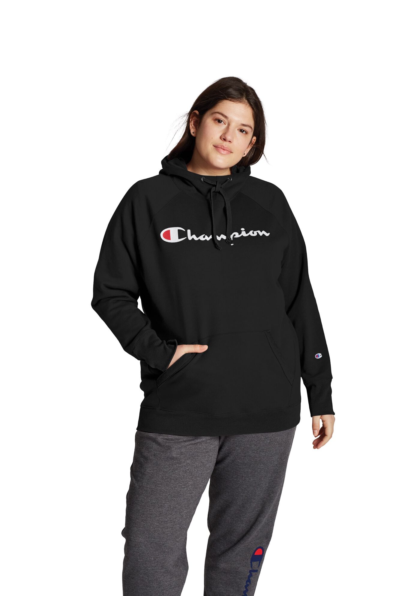 Champion Women's Plus Powerblend&reg; Fleece Hoodie, Script Logo, BLACK, hi-res image number 0