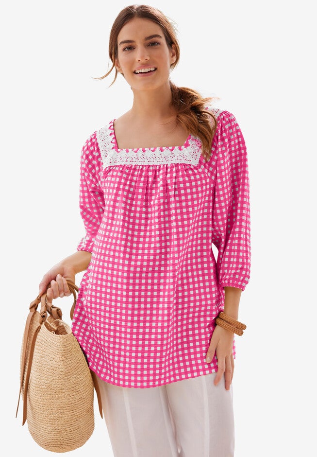 Seersucker Three-Quarter Sleeve Tunic, RASPBERRY SORBET SMALL GINGHAM, hi-res image number null
