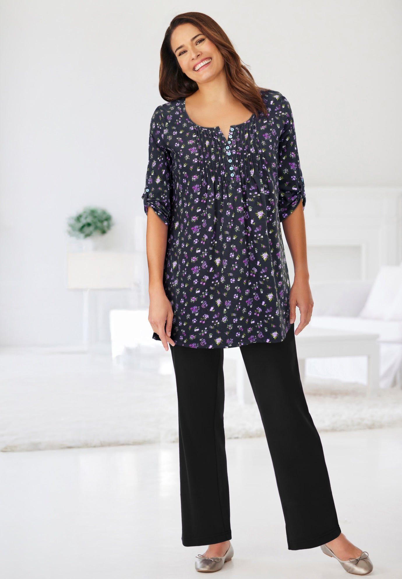 Three-Quarter Sleeve Pintuck Henley Tunic