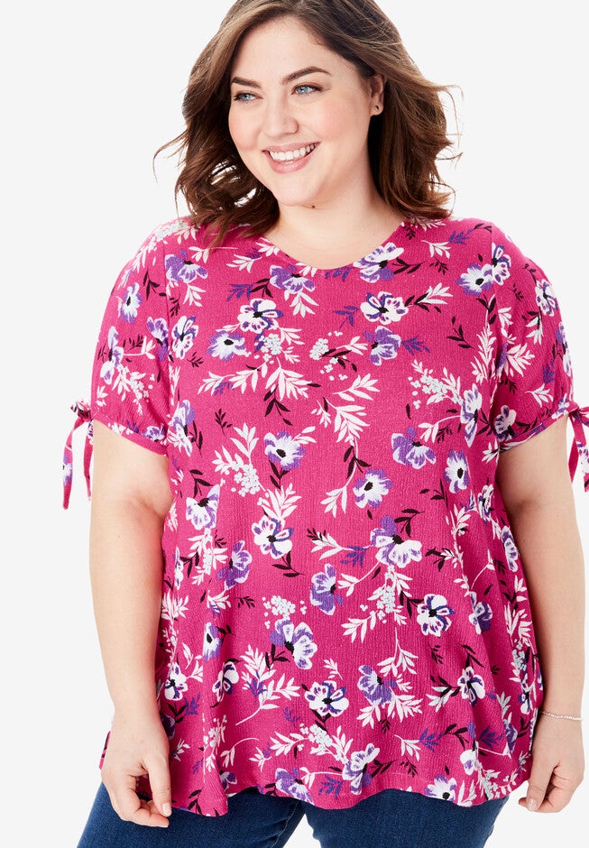 Cotton Gauze Slit-Sleeve Top, RASPBERRY SORBET FLOATING BOUQUET, hi-res image number 0
