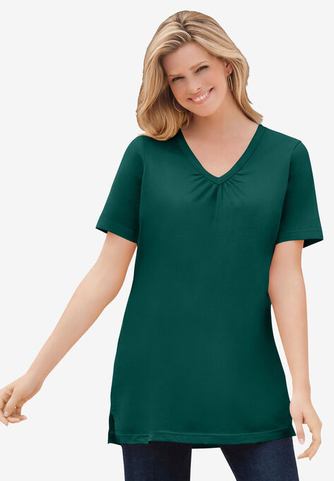 Perfect Short-Sleeve Shirred V-Neck Tunic, EMERALD GREEN, hi-res image number null