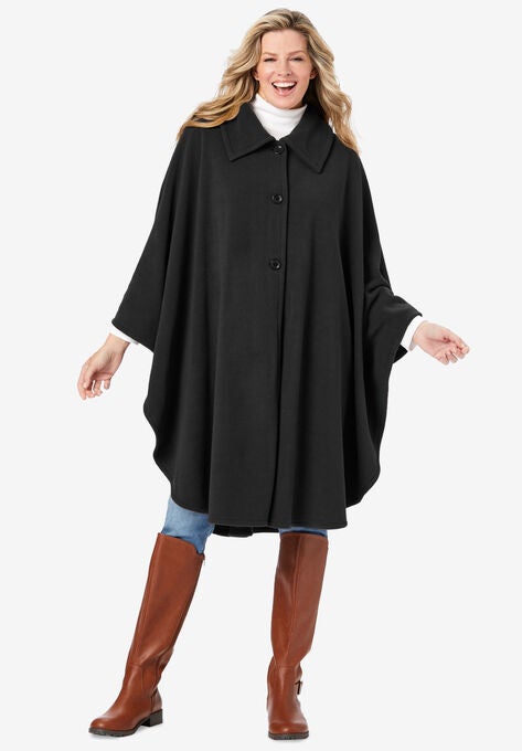 Button-Front Fleece Cape, BLACK, hi-res image number null