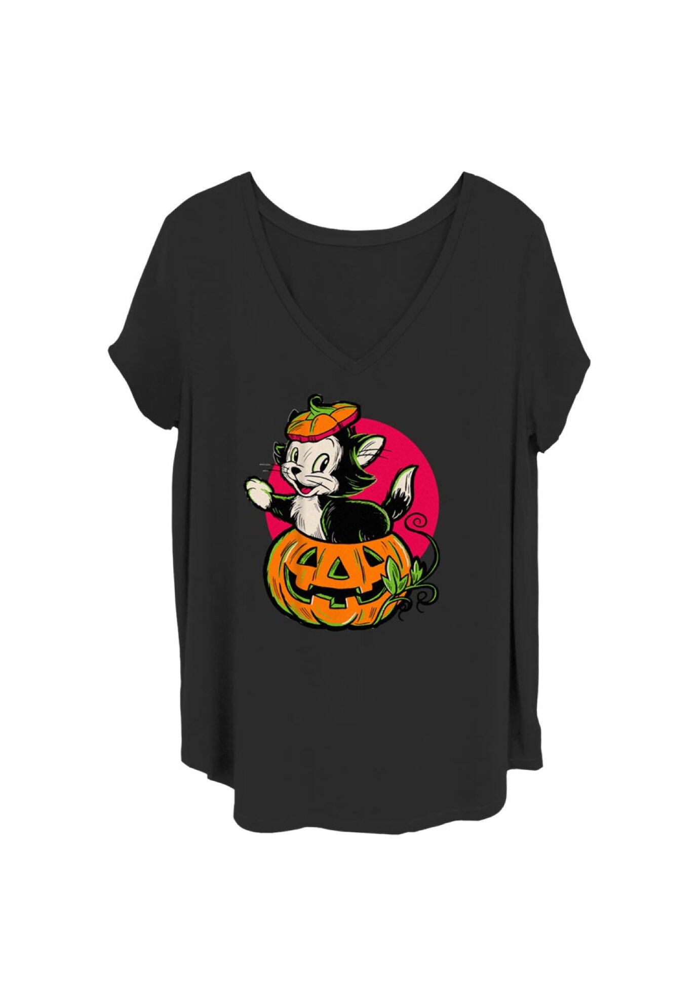 Figaro Inside A Pumpkin V-Neck T-Shirt, BLACK, hi-res image number 0