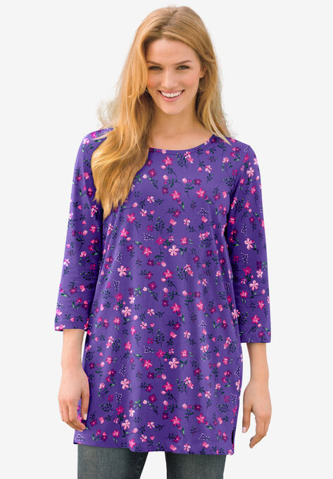Perfect Printed Three-Quarter-Sleeve Scoop-Neck Tunic, PLUM PURPLE FLORAL PAISLEY, hi-res image number null