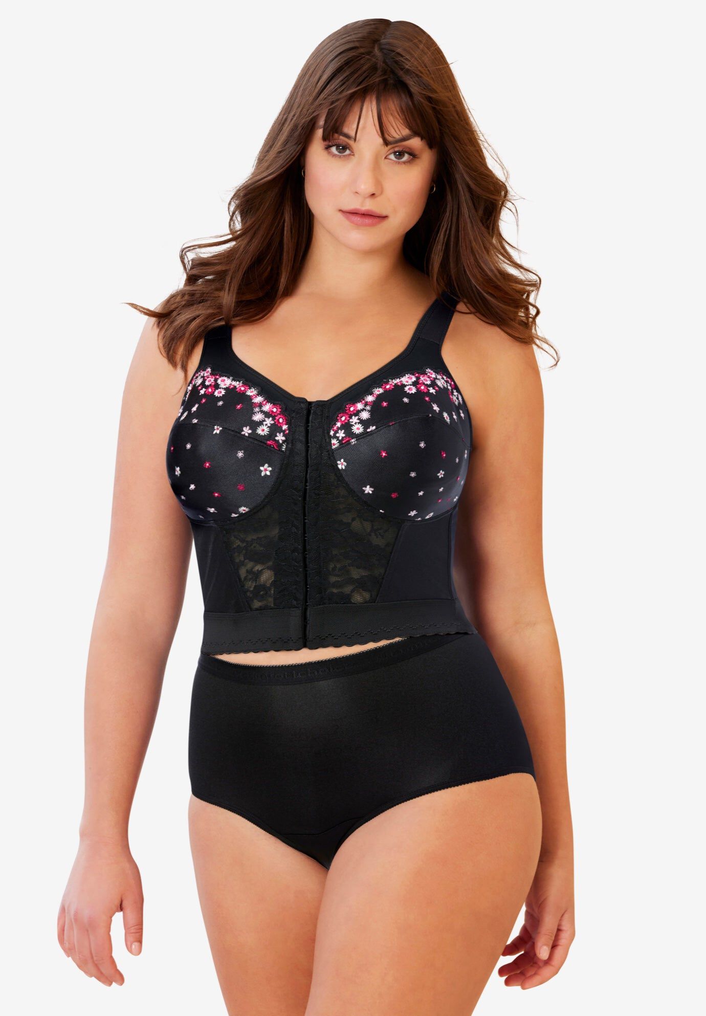 Embroidered Front-Close Longline Posture Bra, BLACK EMBROIDERY, hi-res image number 0