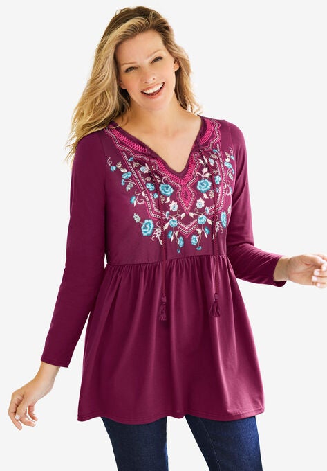 Embroidered Split Neck Empire Waist Tunic, DEEP CLARET EMBROIDERY, hi-res image number null