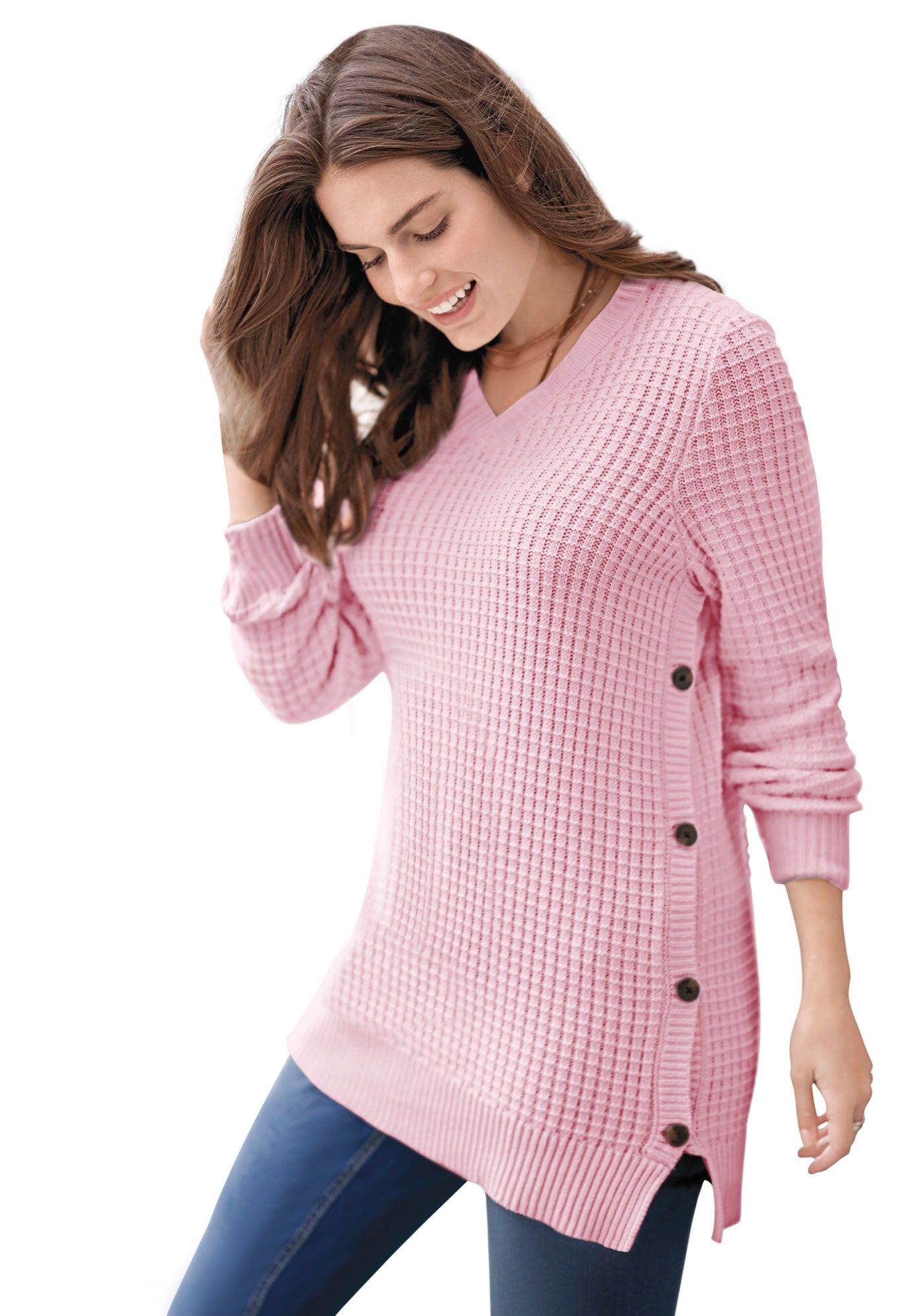 Side Button V-Neck Waffle Knit Sweater, PINK, hi-res image number 0