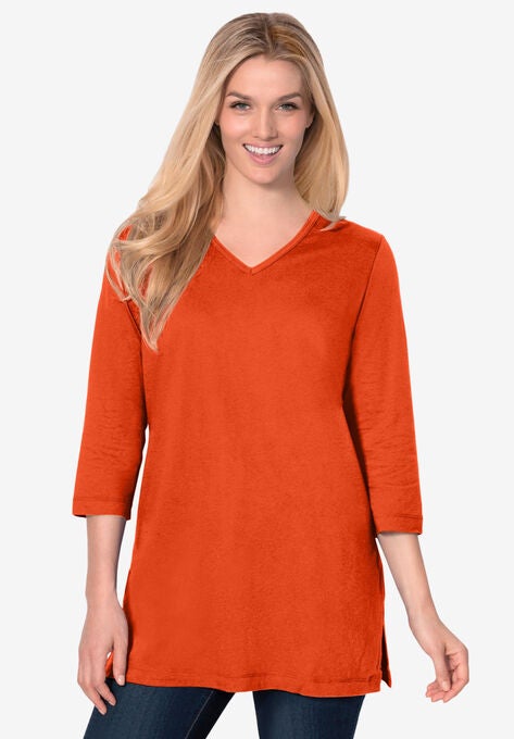 Perfect Three-Quarter Sleeve V-Neck Tunic, GRENADINE, hi-res image number null