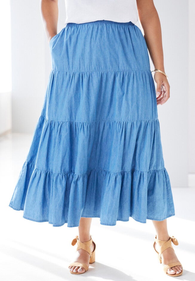 Tiered Maxi Skirt, LIGHT STONEWASH, hi-res image number 0