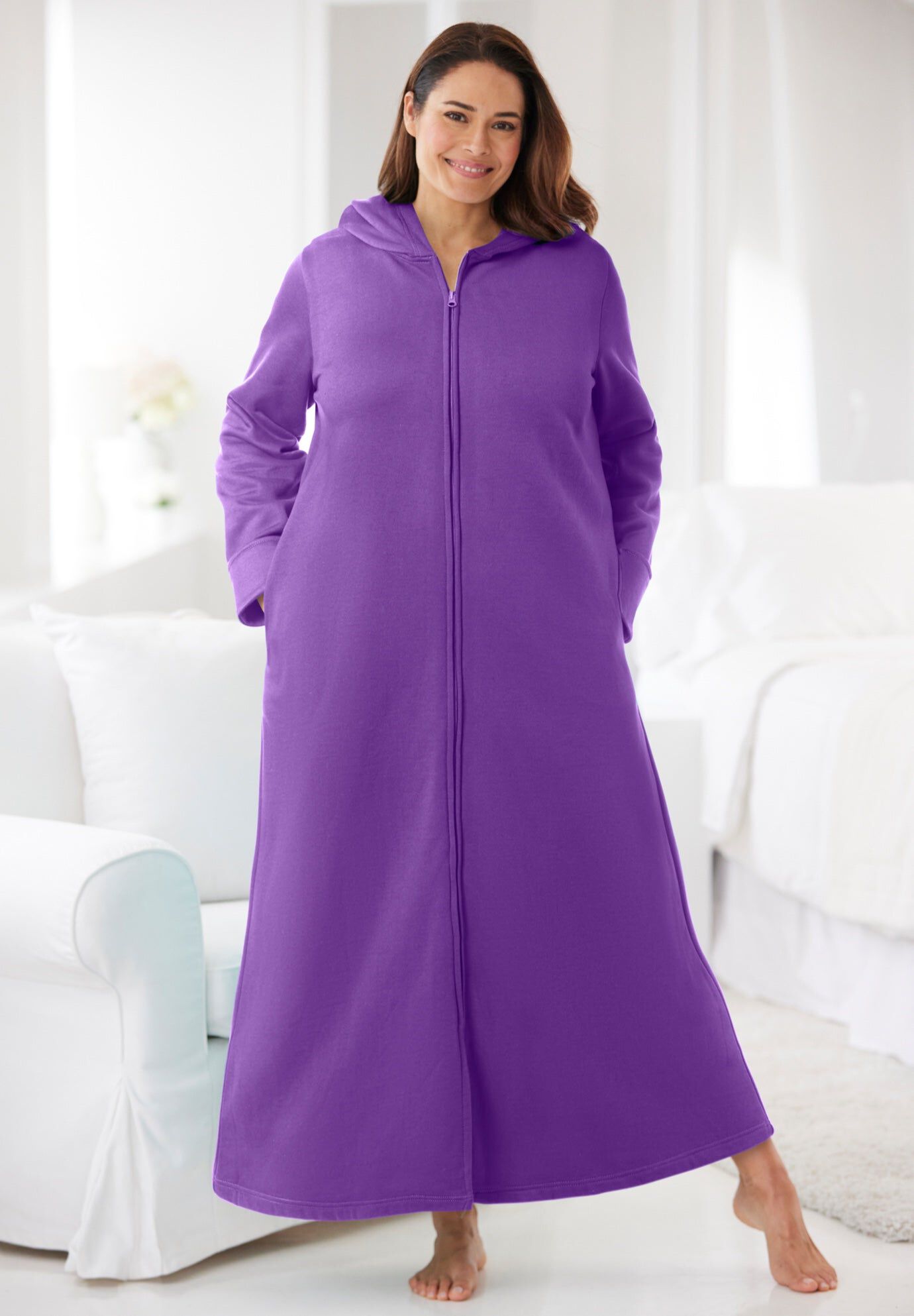 Long Hooded Fleece Sweatshirt Robe, PLUM BURST, hi-res image number 0