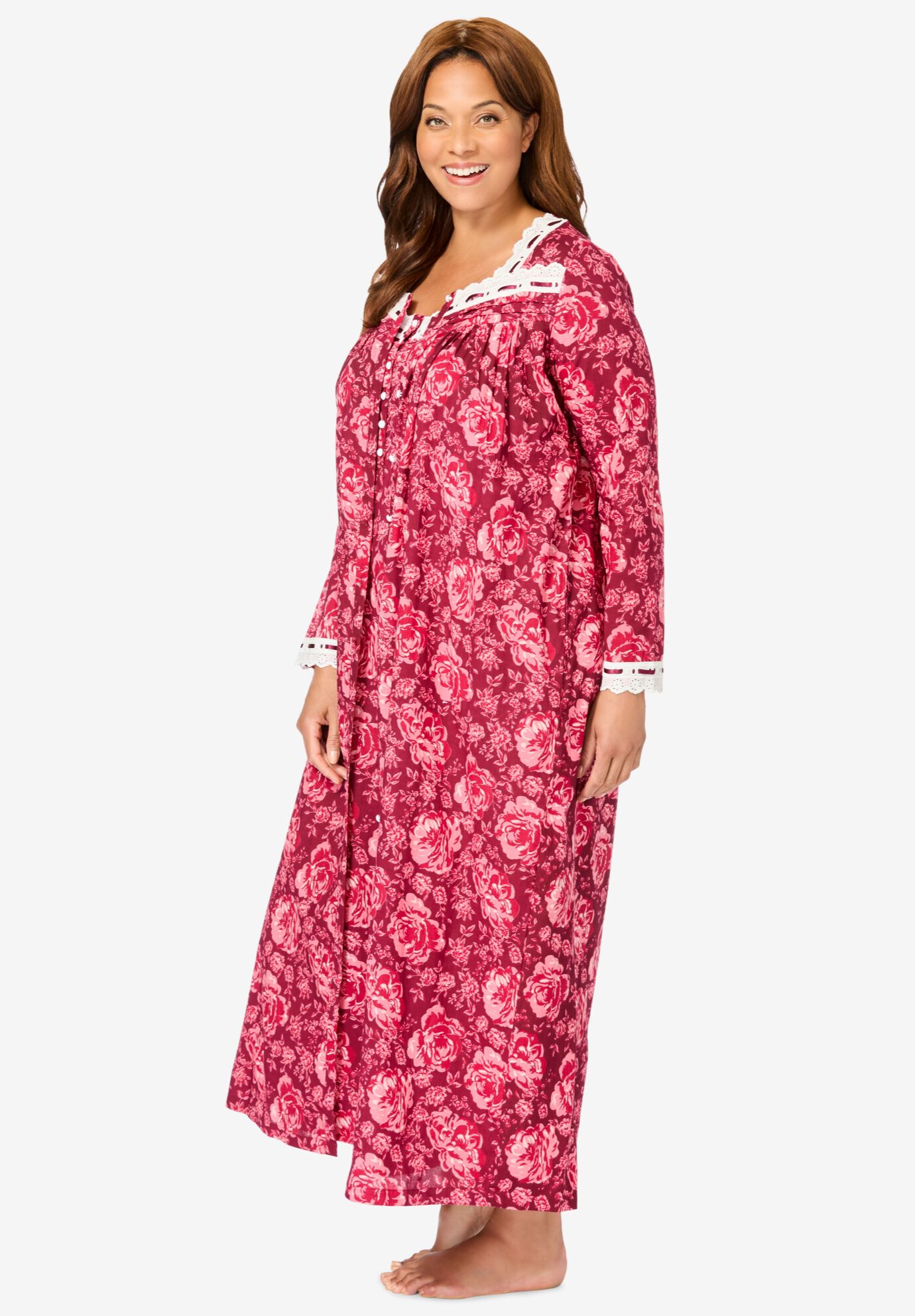 Long 2-Piece Cabbage-Rose Peignoir Set, WHITE, alternate image number 2