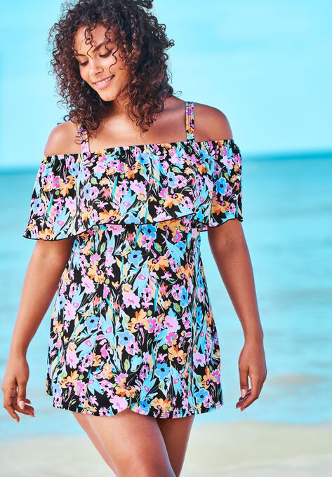 Off-The-Shoulder Flounce Swim Dress , SUMMER BREEZE FLORAL, hi-res image number null