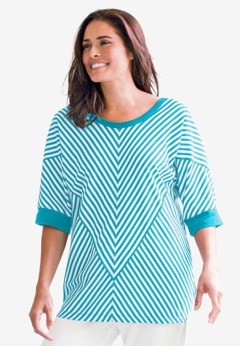 mitred striped scoopneck tee, PRETTY TURQUOISE CLASSIC STRIPE, hi-res image number null