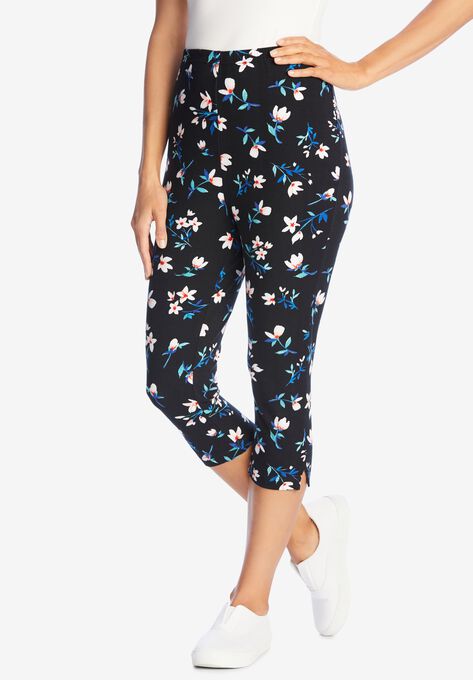 Stretch Cotton Printed Capri Legging, BLACK DELICATE FLOWER, hi-res image number null