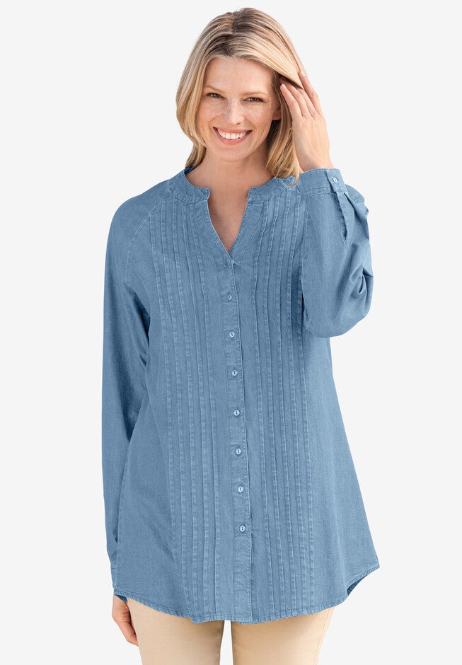 Denim Notch-Neck Pintuck Button-Front Tunic, LIGHT STONEWASH, hi-res image number null