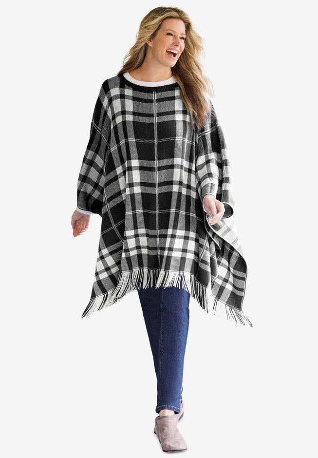 Fringe Rectangle Poncho, BLACK PLAID, hi-res image number null
