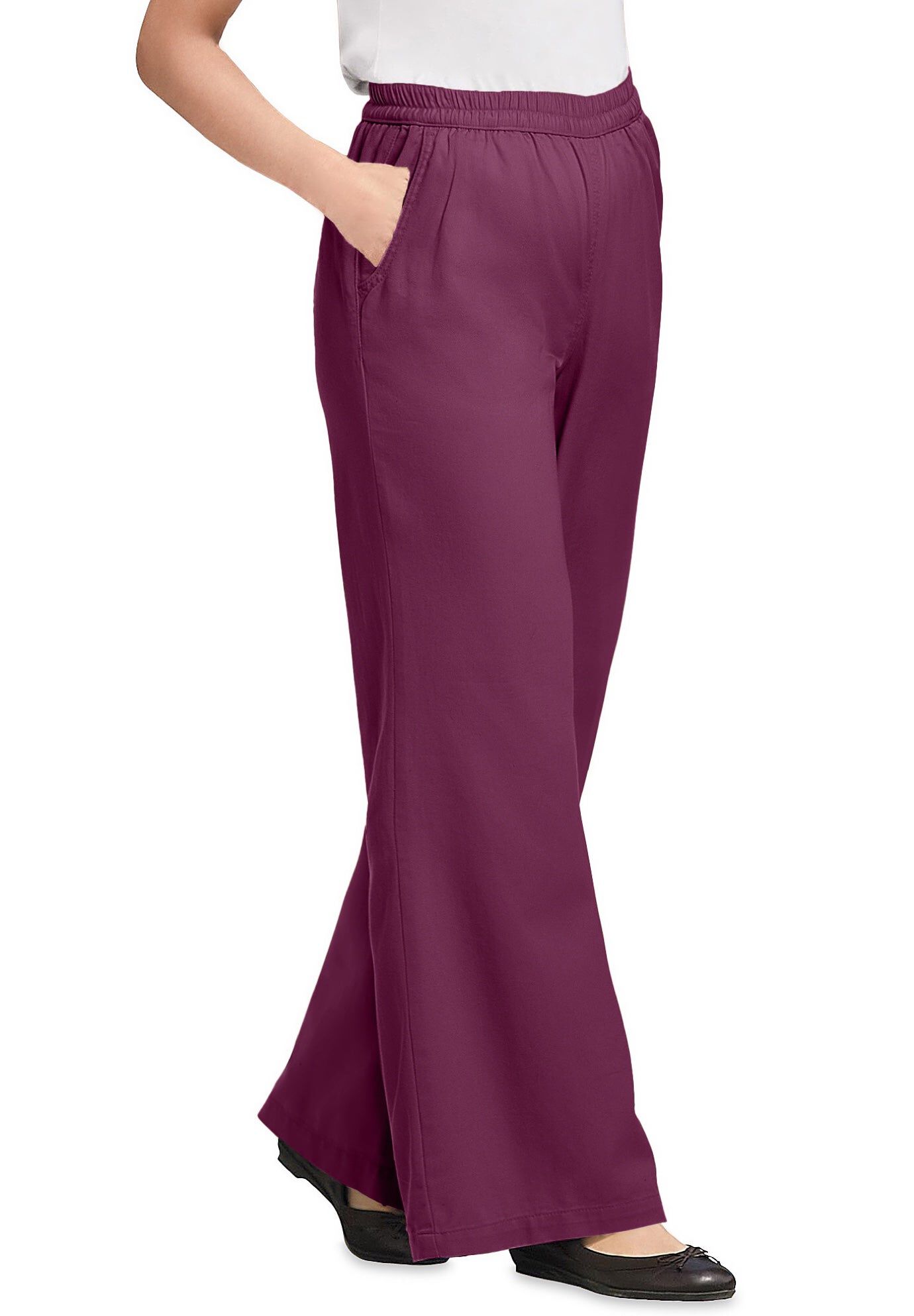 Perfect Elastic-Waist Wide-Leg All-Cotton Pull-On Denim Jeans, DEEP CLARET, hi-res image number 0