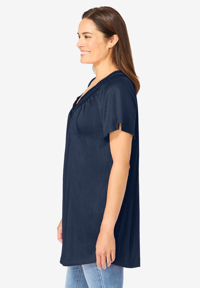 Short-Sleeve V-Neck Crinkle Tunic, NAVY, alternate image number 2