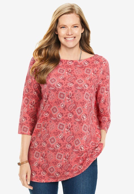 Perfect Printed Three-Quarter Sleeve Boatneck Tee, ROSE PINK BANDANA PAISLEY, hi-res image number null
