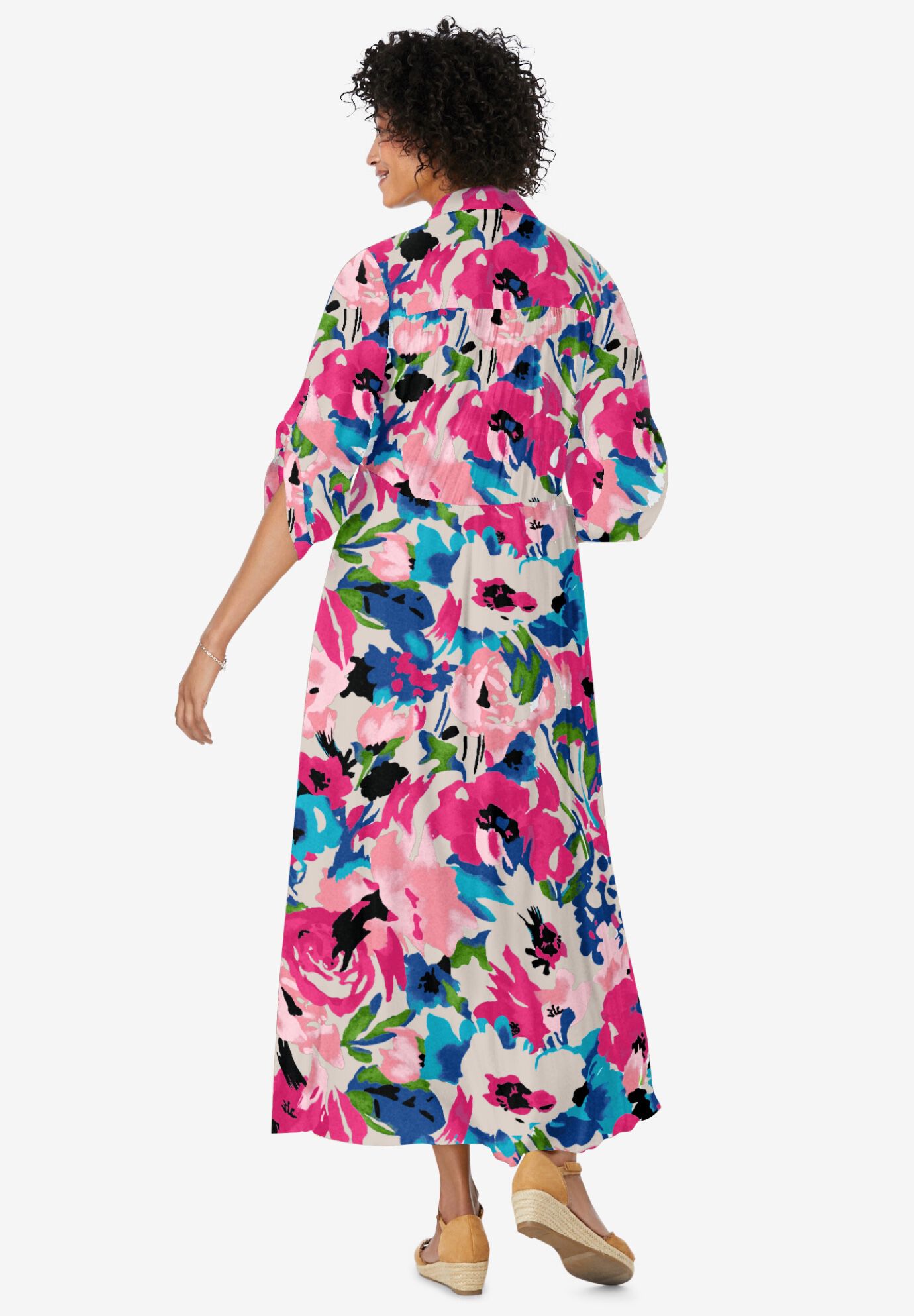 Roll-Tab Sleeve Crinkle Shirtdress, SWEET CORAL BLOOM, on-hover image number 1