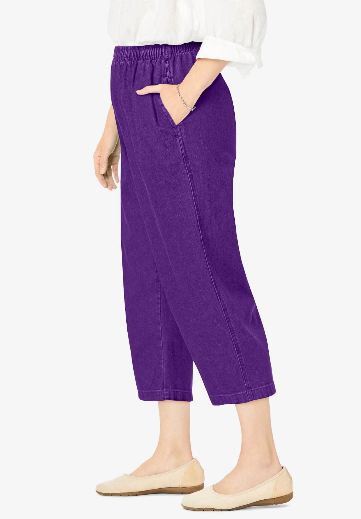 7-Day Elastic-Waist Pull-On Cotton Denim Capri Jeans, RADIANT PURPLE, alternate image number 2