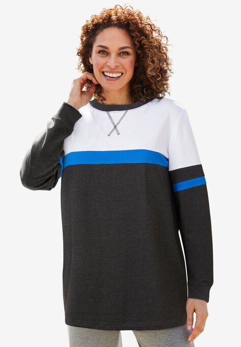 Color Block Long Sleeve Sweatshirt, HEATHER CHARCOAL BRIGHT COBALT WHITE, hi-res image number null