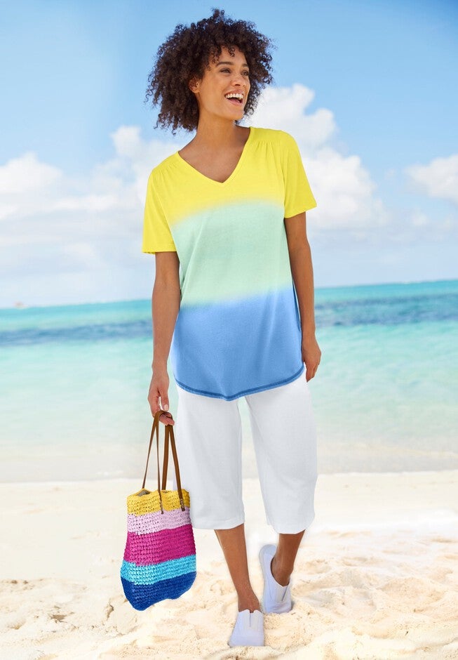 Elastic-Waist Pull-On Knit Pocket Capri Pants, WHITE, hi-res image number 0