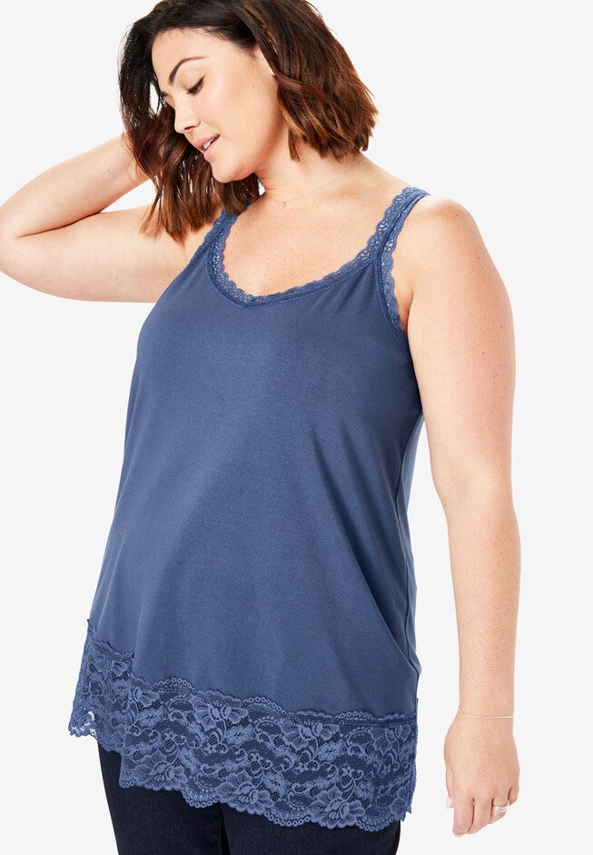 Lace V-Neck Tank, LIGHT INDIGO, hi-res image number null