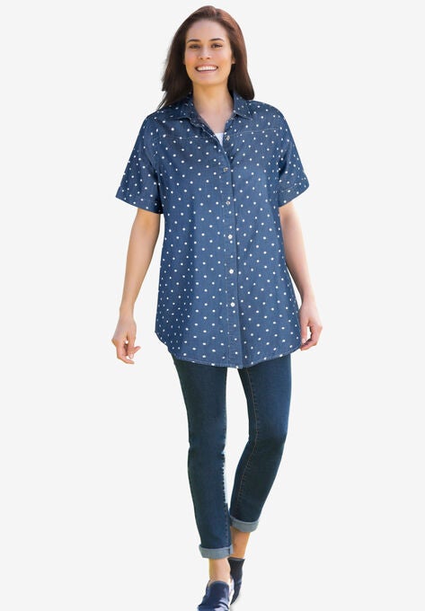 Short-Sleeve Denim Shirt, MEDIUM STONEWASH POLKA DOT, hi-res image number null